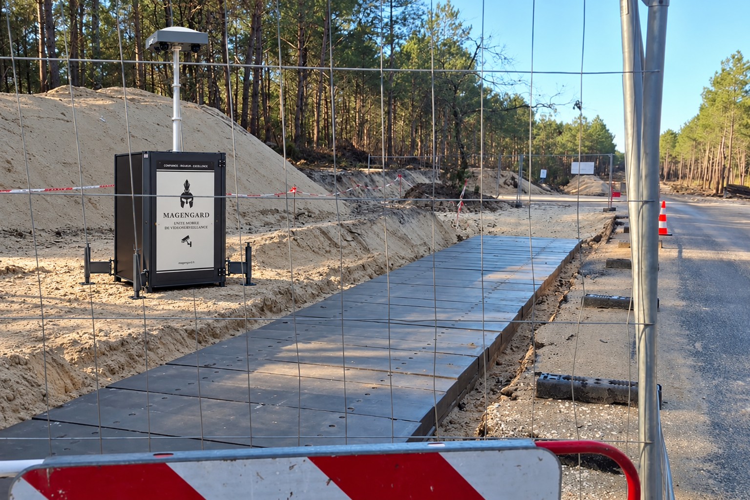 Chantier clôturé surveillé par MAGENGARD, avec une tourelle de surveillance en complément